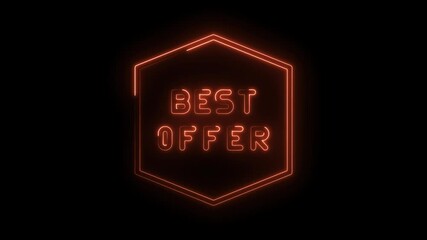 Best offer promotion bright orange neon glowing hexagon shape over black background