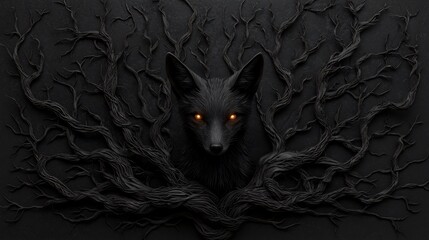 Dark fox framed by intricate black branches