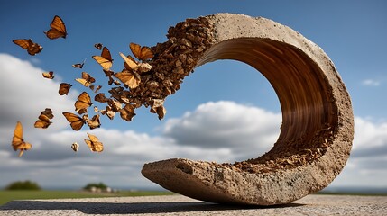 A circular stone sculpture has a crumbling edge that has dispersed into flying insects.
