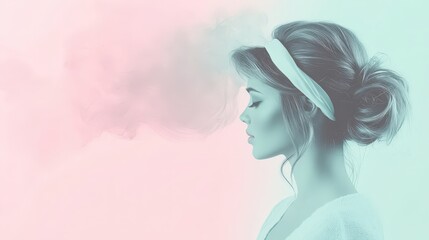 Fototapeta premium Serene profile of woman in pastel smoke with headband highlighting tranquility and softness