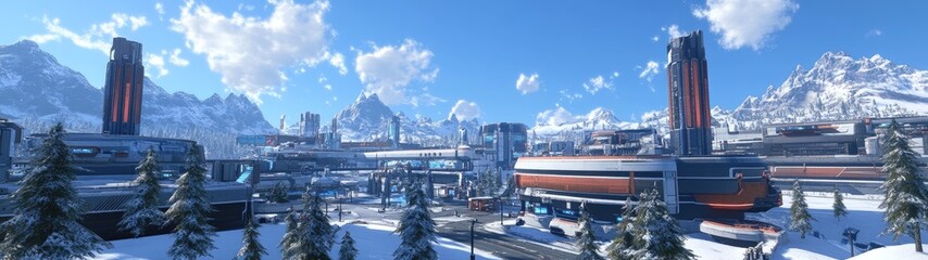 Snowy industrial complex nestled in mountainous terrain.