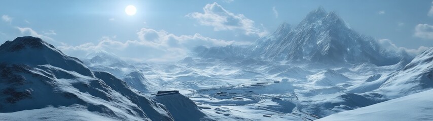 Majestic snowy mountain range under a bright sky.