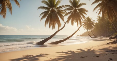 Obraz premium Sun-drenched palm trees fringe a vintage-toned sandy beach, ocean waves gently lapping , idyllic, warm tones, nature