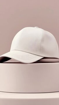 Front View of Minimal Cream Baseball Cap Mockup on Soft Pastel Display Stand for Modern Product Presentation