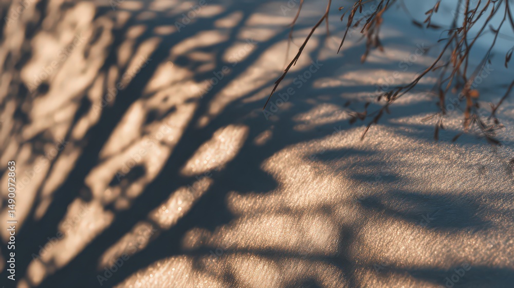 Poster shadows of tree branches elegantly moving across a textured surface under soft sunlight