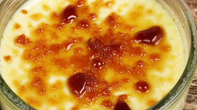 dessert, cr&egrave;me brul&eacute;e en gros plan.