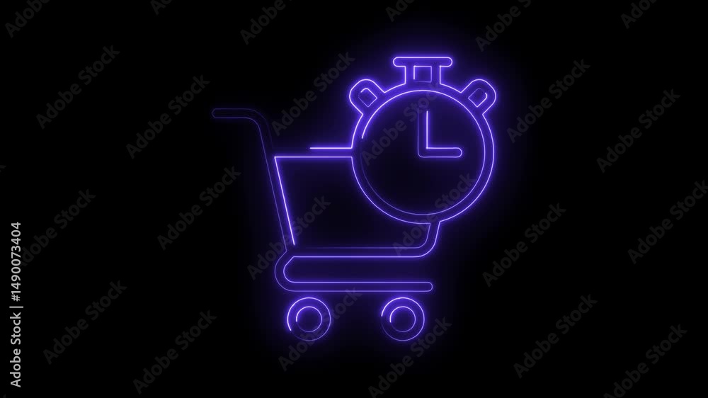 Poster neon shopping cart and timer animation isolated on black background representing express delivery
