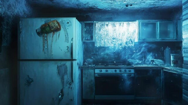 A dirty kitchen with a lot of stuff on the walls