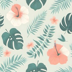 Tropical Hibiscus Floral Pattern with Exotic Leaves on Green summer Background for packaging, textiles, wallpaper, wrapping paper
