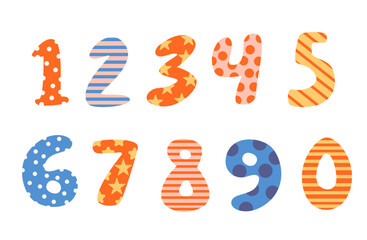 Colorful decorative numbers from 0 to 9 with various patterns including polka dots, stripes, and stars.
