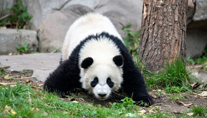 Naklejka premium panda is smelling something on the ground