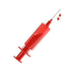 Close-up of a red syringe filled with a red liquid, with drops falling.3D plastic style isolated on white or transparent background