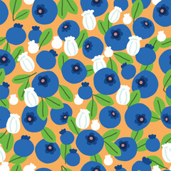 Seamless pattern with blueberries, green leaves, and white flowers on orange background. Flat botanical illustration.