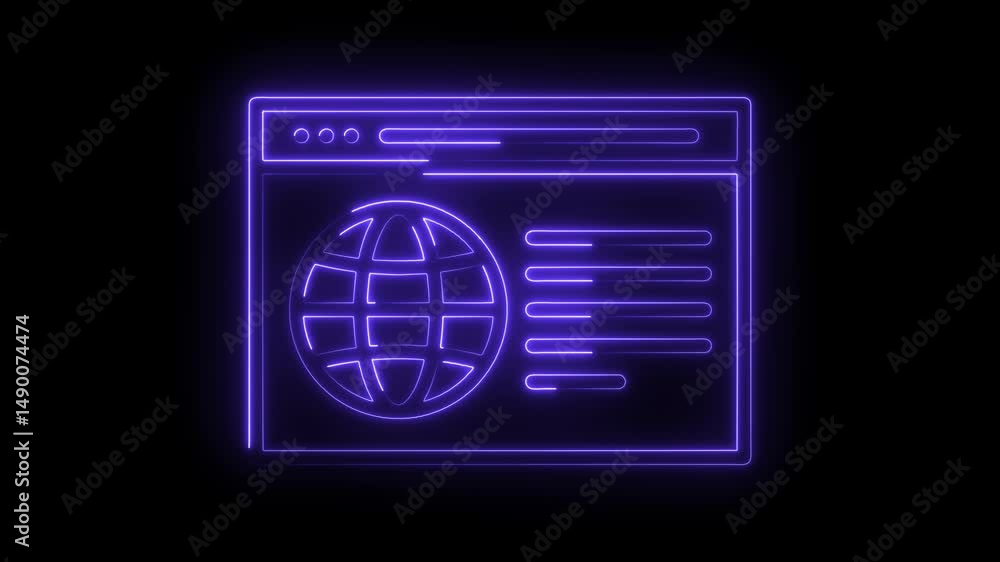 Poster glowing neon website browser window with globe symbol on dark background animation