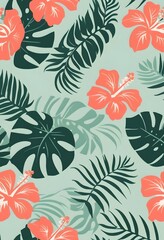 Tropical Hibiscus Floral Pattern with Exotic Leaves on Green summer Background for packaging, textiles, wallpaper, wrapping paper
