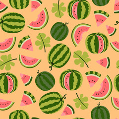 Seamless pattern with whole watermelons, slices and green leaves on orange background. Flat vector illustration.