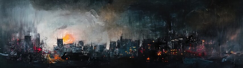 A ruined city shrouded in smoke and fire.