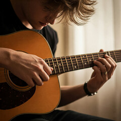 musician playing guitar. Close up of a guitar in the hands of a musician. space for text.