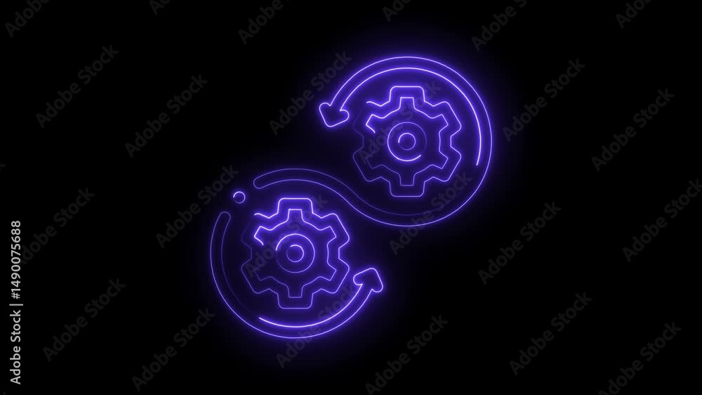Poster perpetual motion of glowing neon gears with arrows on a dark background for technical concepts
