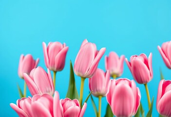 Bright pink tulips against a vibrant blue background Springtime minimal composition, minimal, vivid