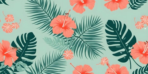 Tropical Hibiscus Floral Pattern with Exotic Leaves on Green summer Background for packaging, textiles, wallpaper, wrapping paper
