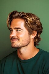 Fototapeta premium A stylish haircut framing a fashionable manâ€™s face. Green solid background. Concept art of style for aging men. Chic men's wavy bob haircut - midlife white man with blond hair.
