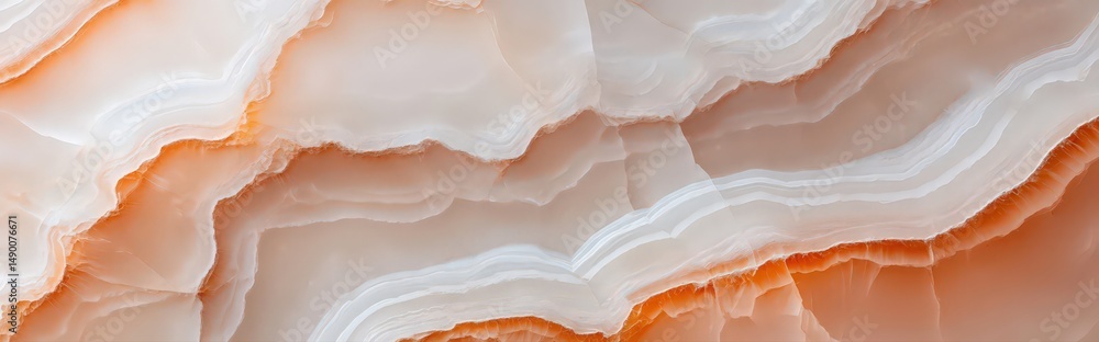 Poster shiny marble with abstract mineral lines and curves in soft orange and white layers