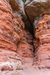 Red rock formations reserve Altschlossfelsen in the Saarland region of Germany the stones have a bright red and orange color and abstract form