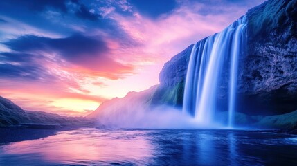 Colorful waterfall sunset fantasy landscape