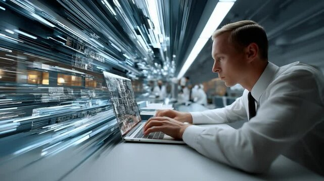 Digital Frontier: A Focused individual engages with advanced technology, his gaze fixed upon the glowing screen of a cutting-edge laptop. The image depicts rapid data streams swirling around him.