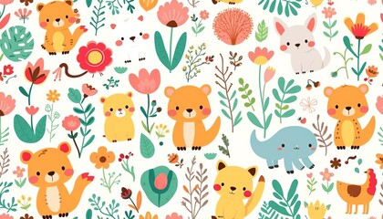 Adorable cartoon animals and plants in a whimsical seamless pattern, summer, surface pattern
