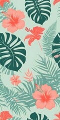 Tropical Hibiscus Floral Pattern with Exotic Leaves on Green summer Background for packaging, textiles, wallpaper, wrapping paper