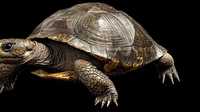 Realistic turtle crawling on a dark background, showcasing its textured shell and limbs in detail