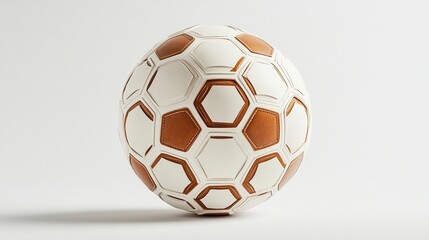 Fototapeta premium A spherical object, predominantly white, features a geometric pattern of hexagonal, bronze-toned insets, creating a textured surface against a stark white background. A subtle shadow is cast beneath