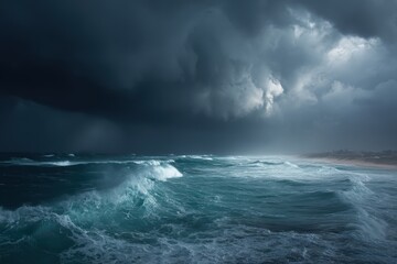 Fototapeta premium A dramatic ocean storm with dark clouds and crashing waves, creating an intense and dynamic scene