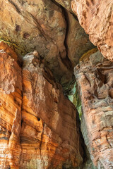 Red rock formations reserve Altschlossfelsen in the Saarland region of Germany the stones have a bright red and orange color and abstract form
