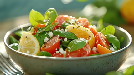 Simple Healthy Salad in Gray Ceramic Bowl with Fresh Ingredients Including Tomatoes and Lemon Slices