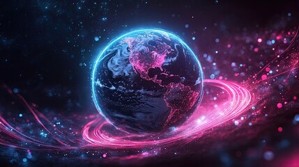 Obraz premium A glowing Earth surrounded by cosmic energy symbolizing global unity and innovation with vibrant blue and pink