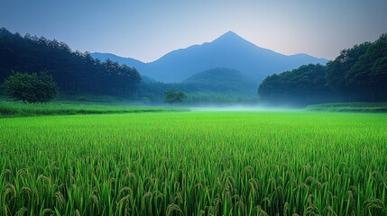 Fototapeta premium Lush rice paddy field at dawn, mist-covered mountains