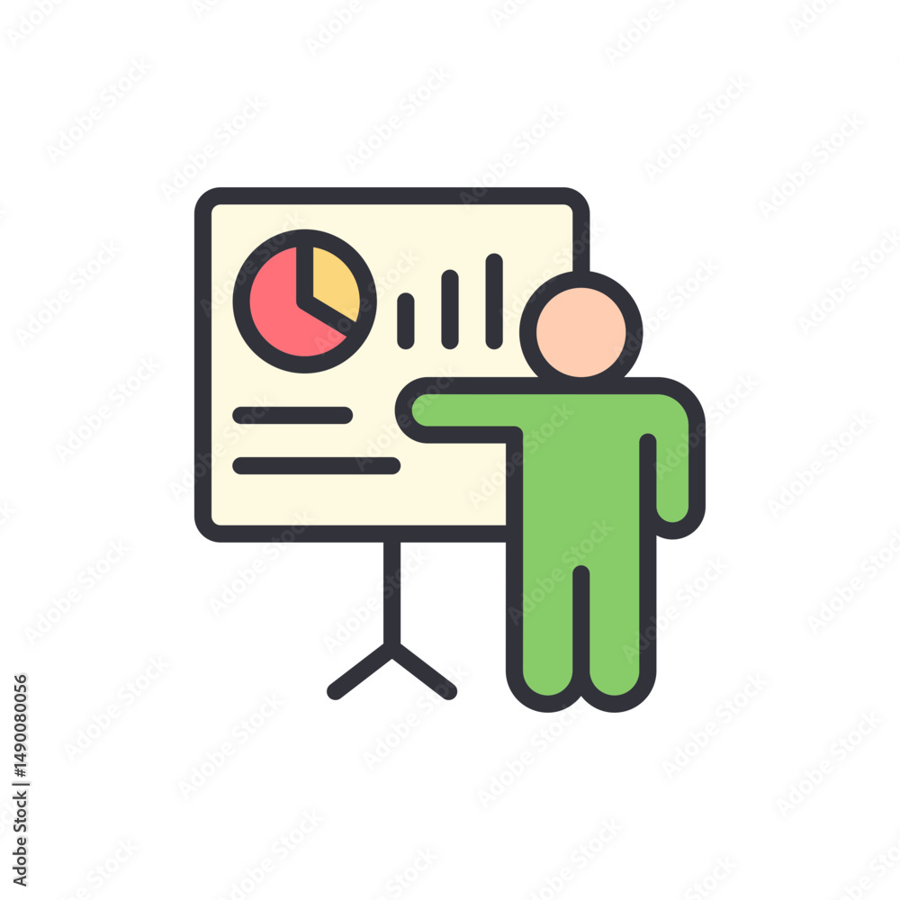 Poster person presenting business data with pie chart and column graph