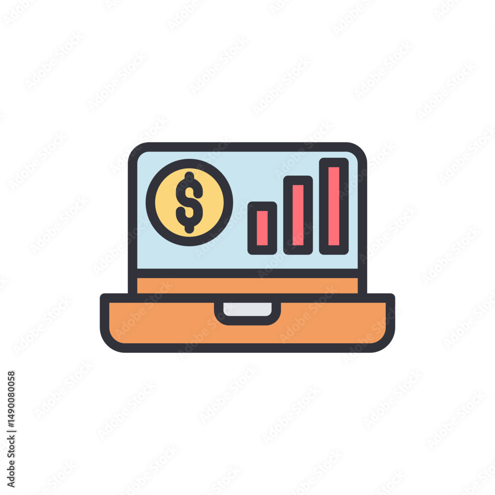 Poster financial analysis shown on a portable computer with colorful graphic elements