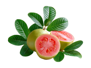 Guava, cut in half with a pink interior and green leaves, isolated on a transparent background