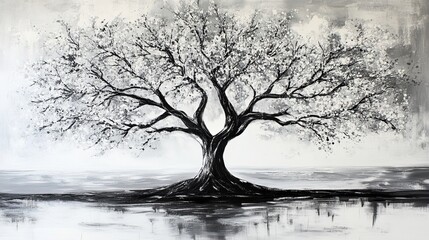Monochrome tree landscape painting abstract art black white nature sky grey image style water canvas