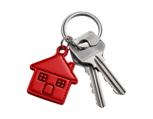  A key with a red house shaped keychain on a transparent background