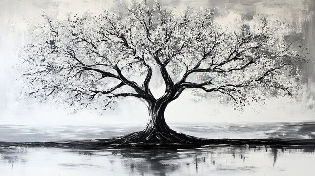 Monochrome tree landscape painting abstract art black white nature sky grey image style water canvas