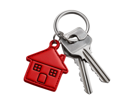  A key with a red house shaped keychain on a transparent background