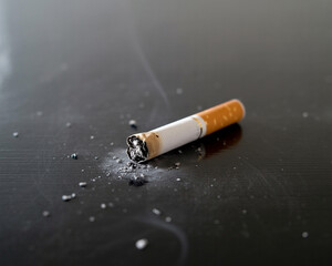 A photograph of a single, extinguished cigarette resting on a stark, polished black surface
