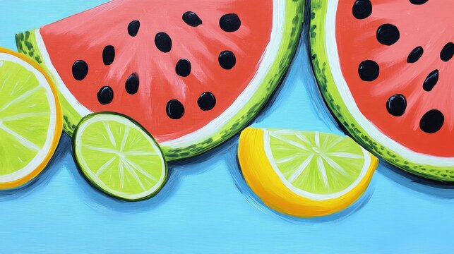 Vibrant painting of watermelon slices, lemon, and lime on a blue background - Powered by Adobe