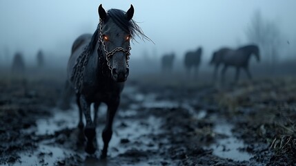 Dark, mystical horse in a muddy field