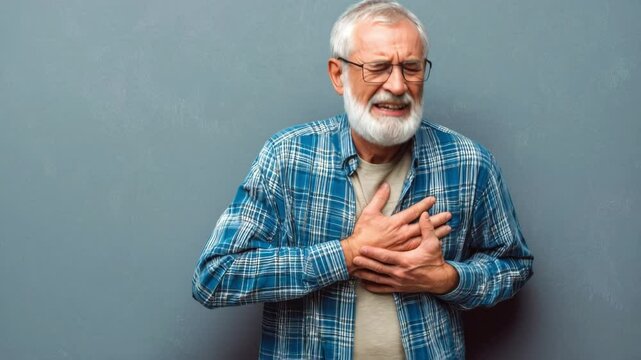 Senior man is having pain in his chest. Heart attack symptoms. Mature man holding his heart in pain. Healthcare concept. Man suffering from chest pain with painful expression